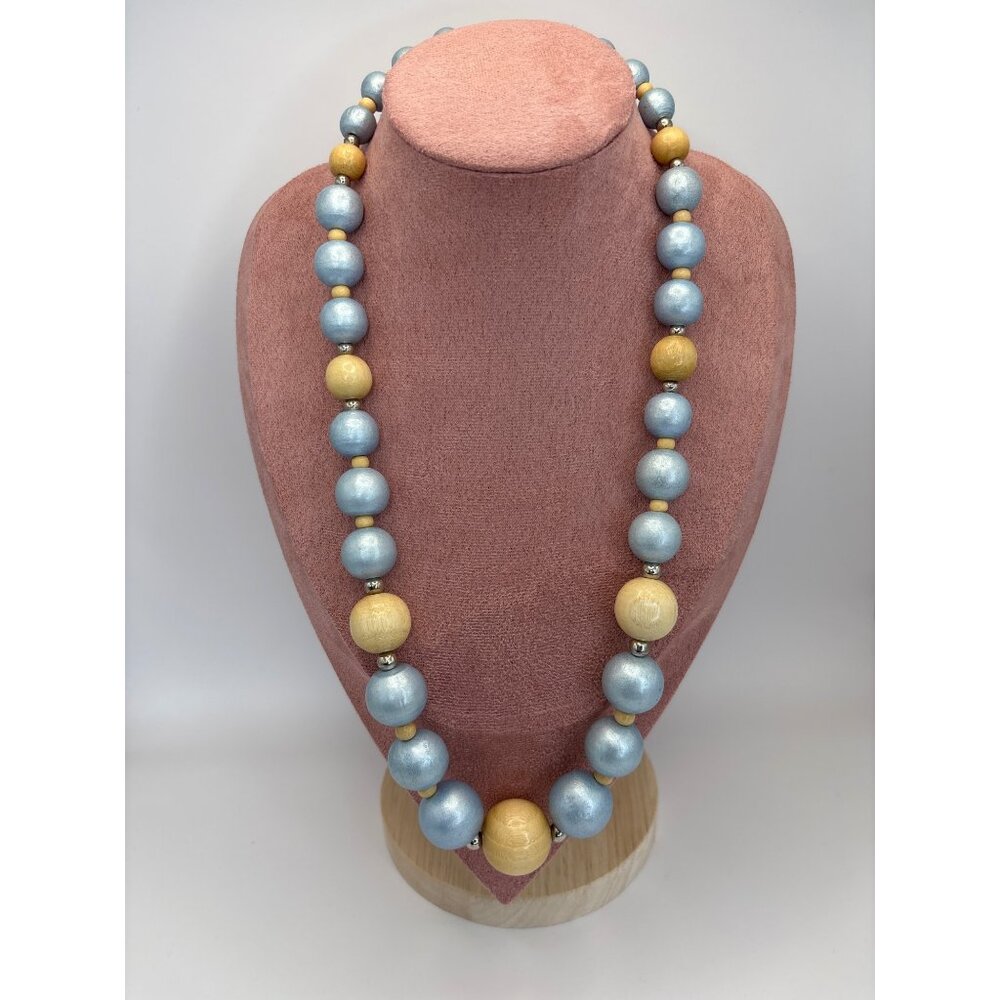 Vintage 80's 90's  Pastel Painted Wood Beaded Chunky Statement Necklace 22”